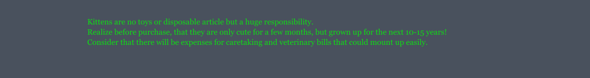 Kittens are no toys or disposable article but a huge responsibility. Realize before purchase, that they are only cute for a few months, but grown up for the next 10-15 years! Consider that there will be expenses for caretaking and veterinary bills that could mount up easily.